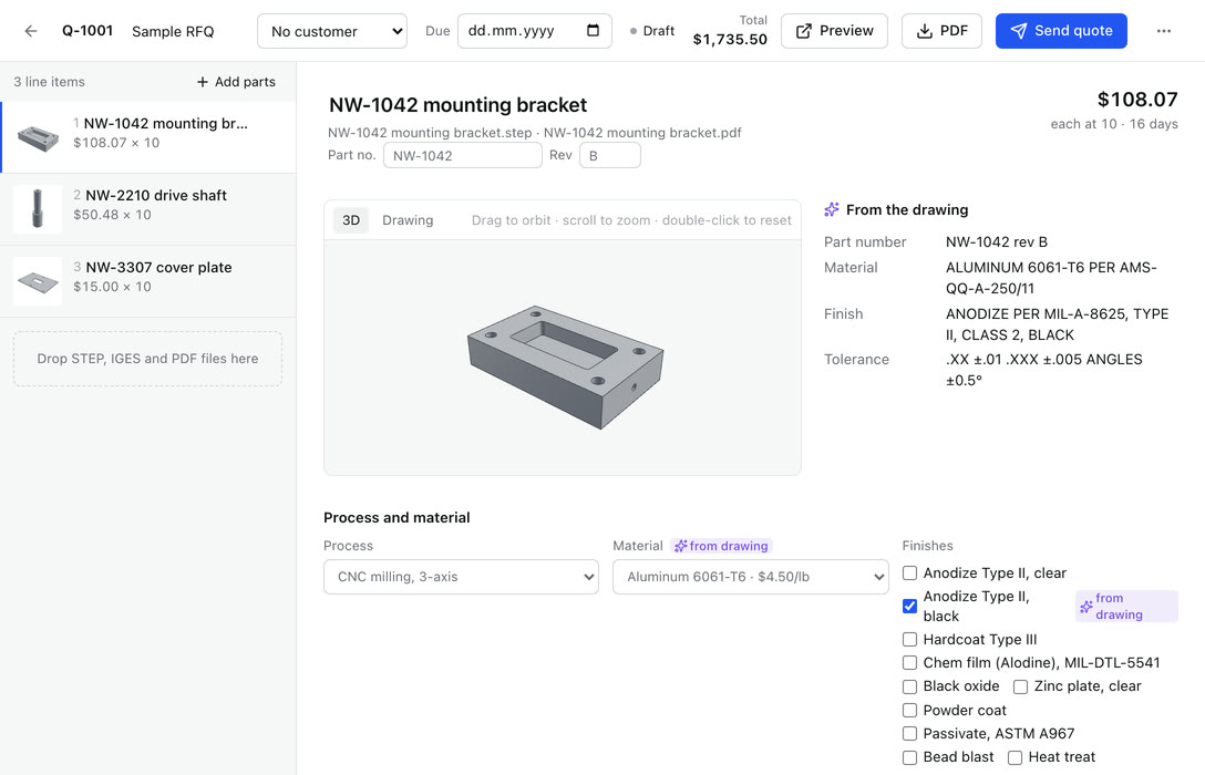 A quote in QuotedPart: the NW-1042 bracket priced at $108.07 each for 10, with material, finish and tolerances read from its PDF drawing and the material and finish applied, marked from drawing
